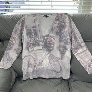 Chic Floral Bicycle Print Long Sleeve Top